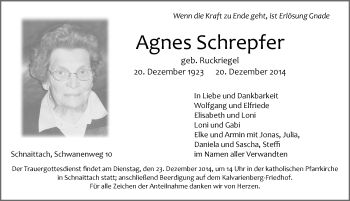 Traueranzeige von Agnes Schrepfer von Pegnitz-Zeitung